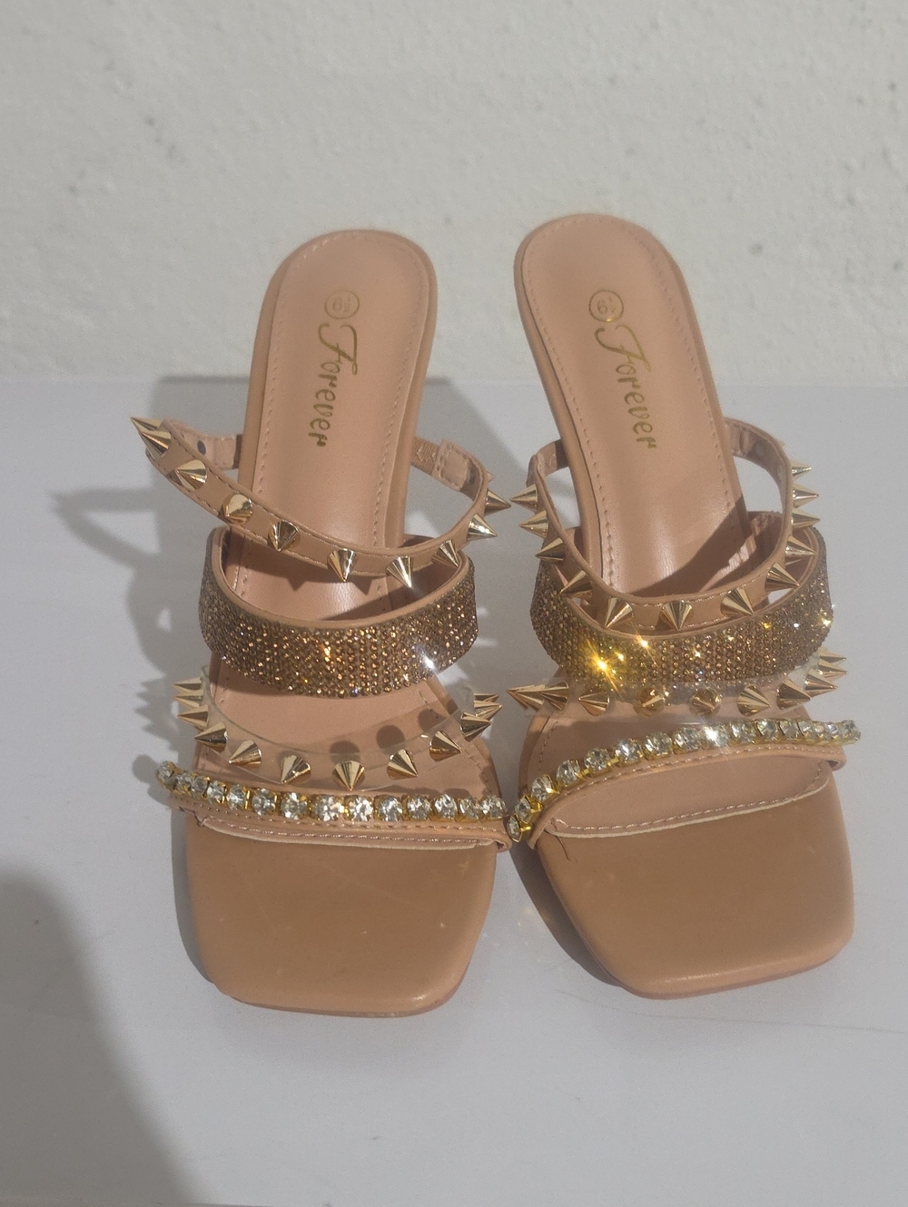 Forever 21 Nude and Gold Studded Rhinestone Heeled Slides